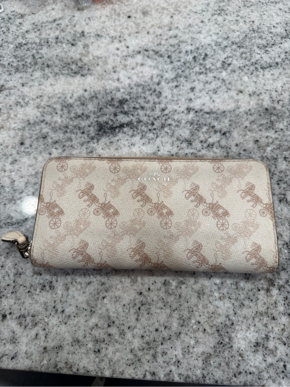 Coach Zip-Around Wallet in Light Beige with Tan Coach Carriage Print